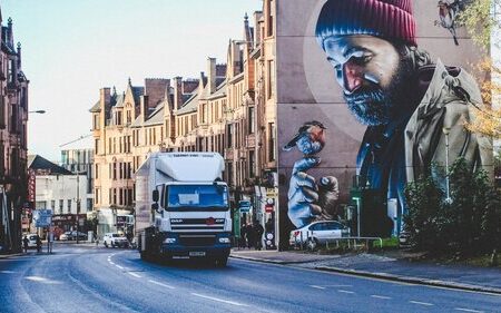 lorry driving through city